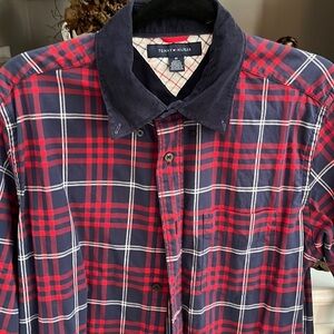 Tommy Hilfiger button down plaid shirt with cordoroy lapel.